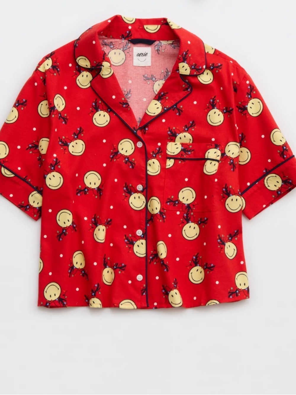 Aerie Smiley® Flannel Pajama Shirt + Ruffle Shorts Holiday Red Christmas PJ Set - Picture 3 of 13